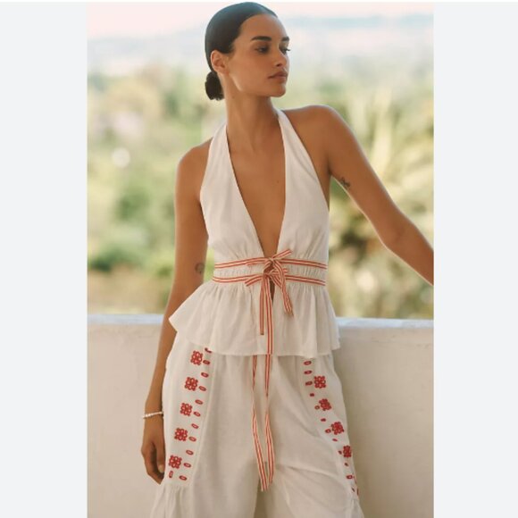 Brand New Celandine Linen Halter Tie-Front Tank Top - Picture 1 of 4